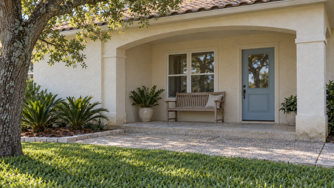Ivory stucco porch with a pale-blue glazed door, weathered teak bench and shell-aggregate terrace beside a mature live oak.