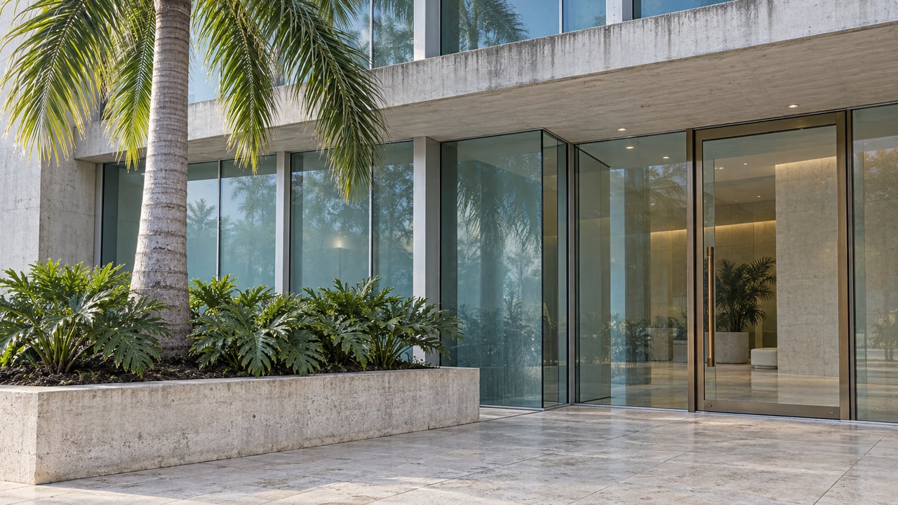 Low-angle view of a glass residential entrance beneath a pale concrete canopy, beside a raised planter with a royal palm.