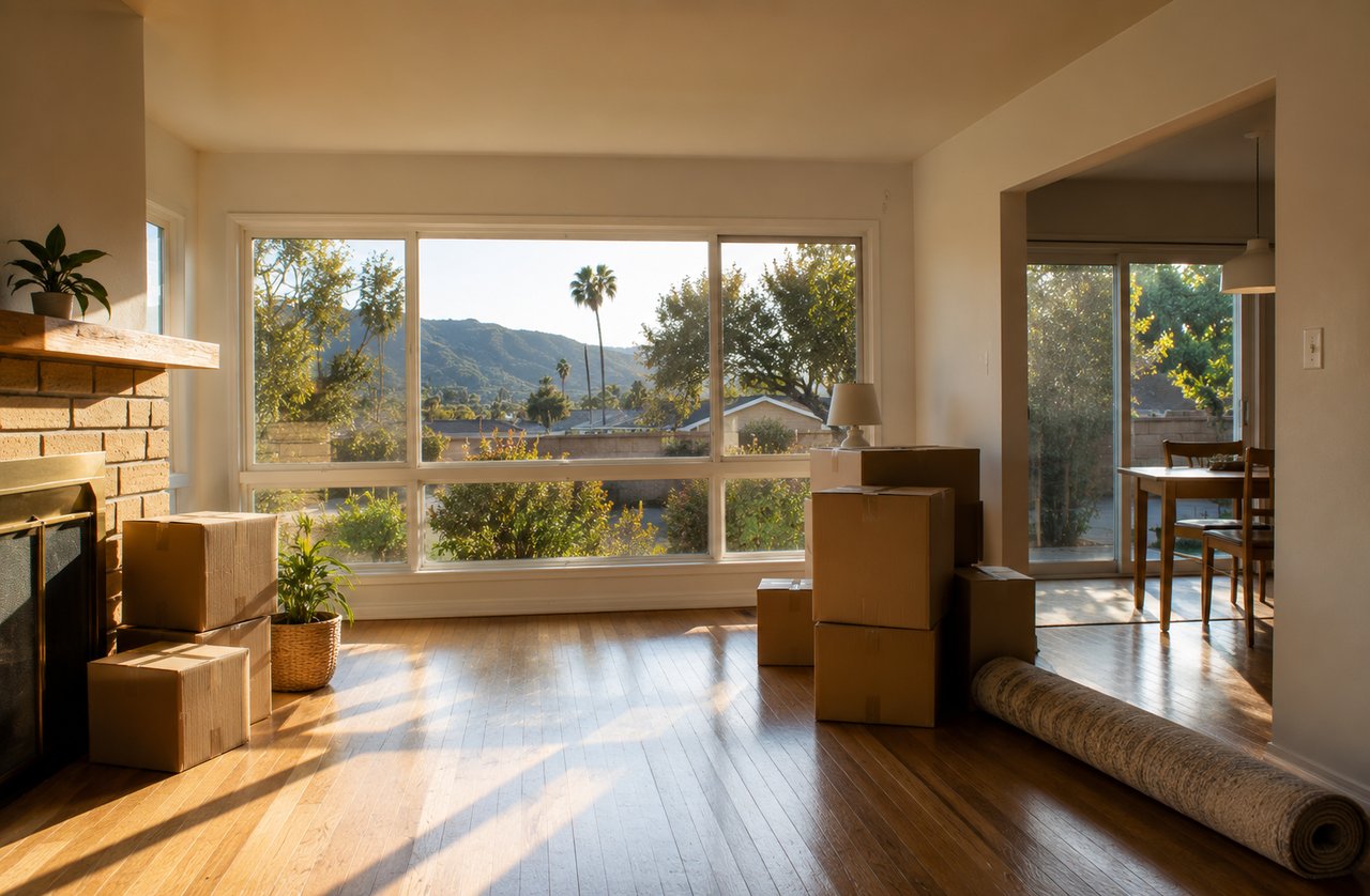 Moving boxes in the front room of a mid-century San Fernando Valley home with California light through the windows
