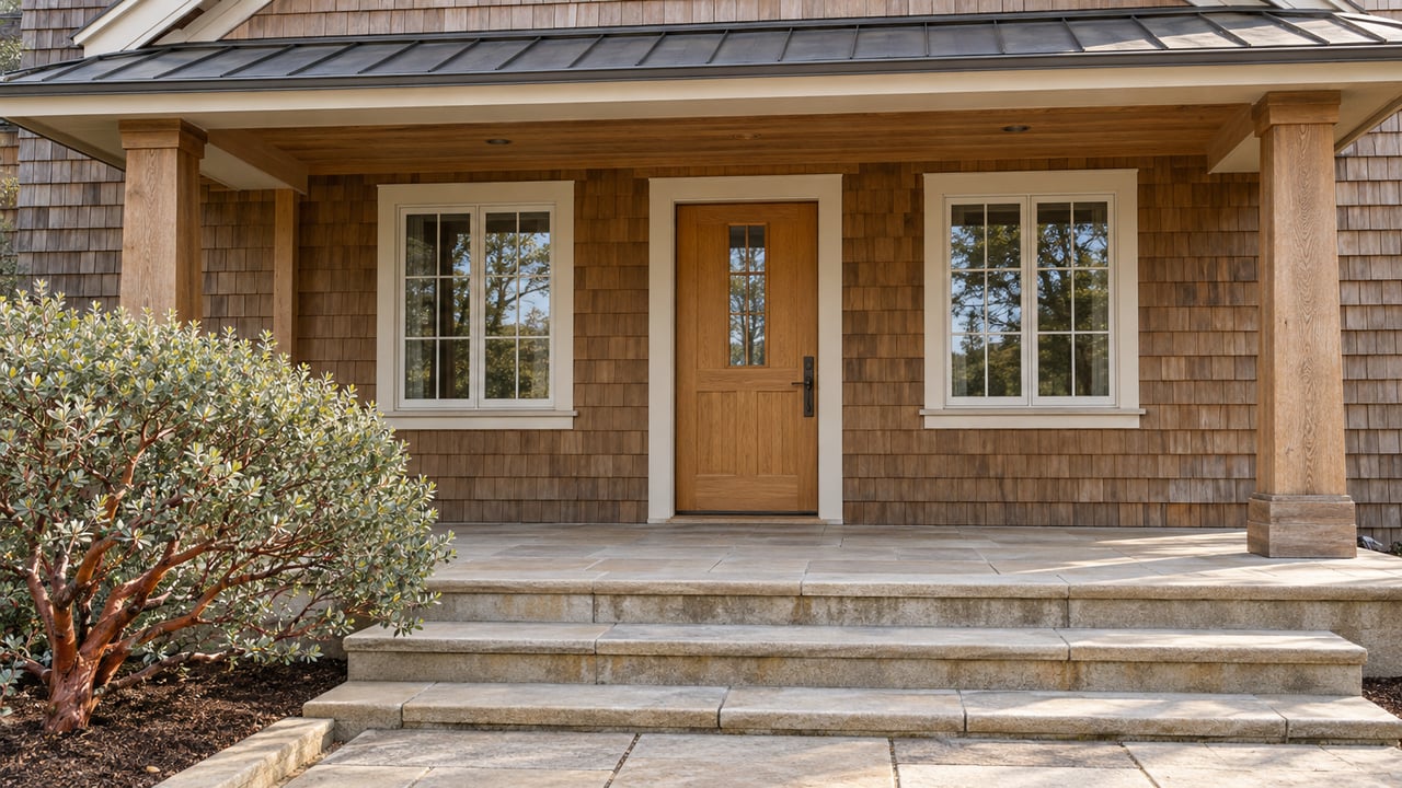 Cedar-shingled home entry with a covered sandstone porch, paired windows, and a sculptural red-barked manzanita.