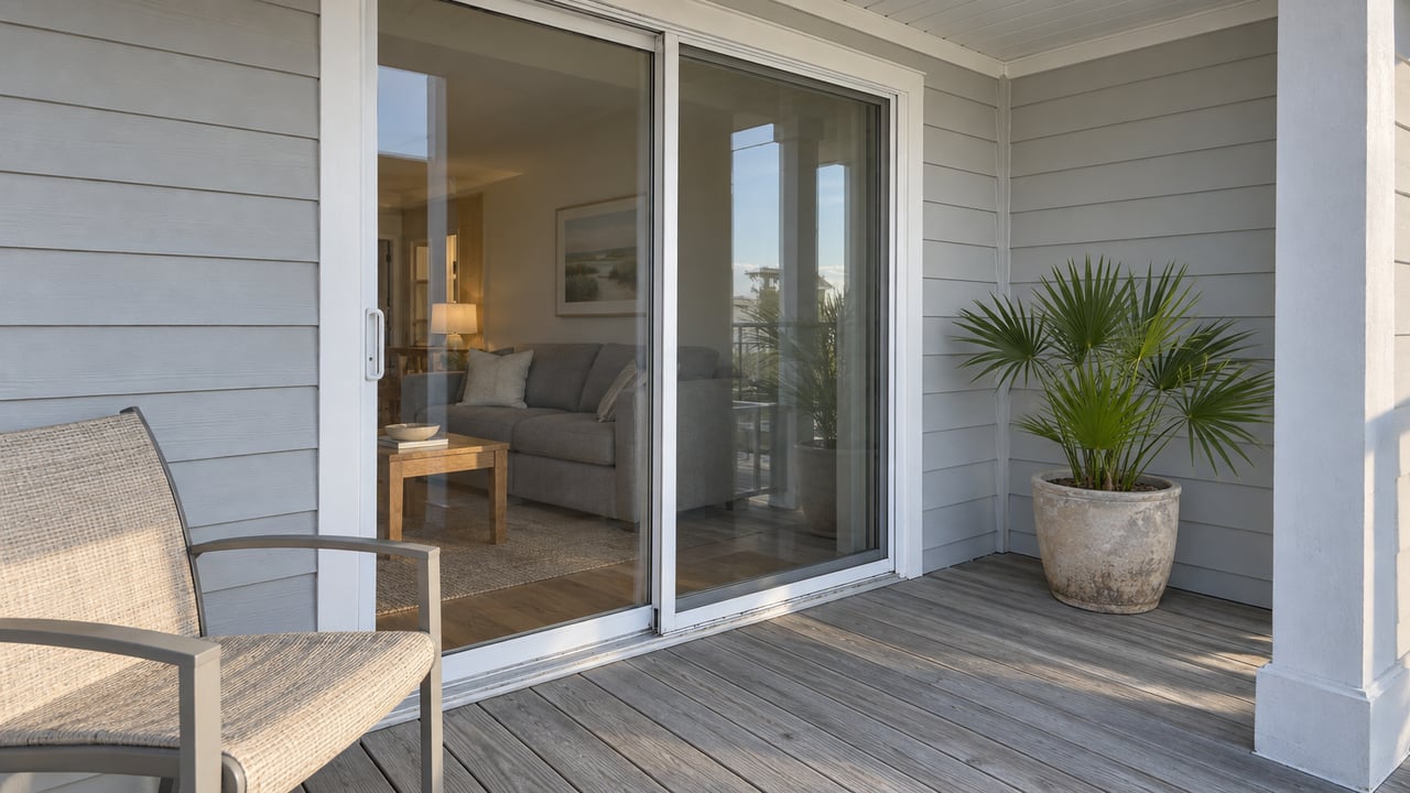 Covered condo balcony with weathered gray decking, a woven outdoor chair and a potted dwarf palmetto beside closed sliding doors to a neutral living room.