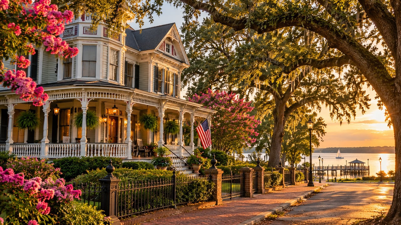 Historic waterfront home with a wraparound porch beneath oak trees at sunset.