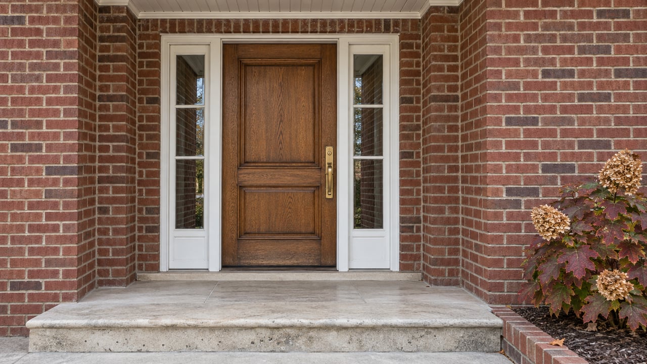 Red brick entry with a worn oak door, brass handle, matching white-framed sidelights and limestone steps beside an autumn oakleaf hydrangea.
