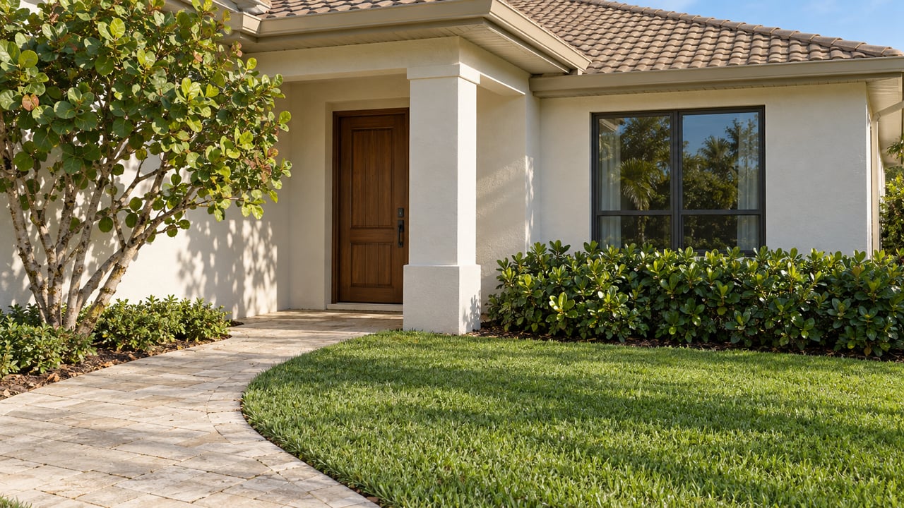 Off-white stucco home with a recessed wood door, dark-framed window, curved paver path, lawn, and clipped shrubs.