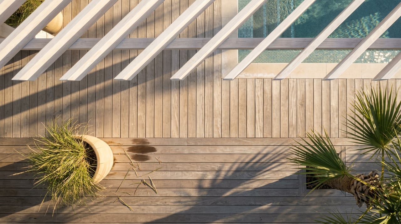 Overhead view of teak pool decking striped by pergola shadows, with palm fronds, a ceramic planter, and pool water.