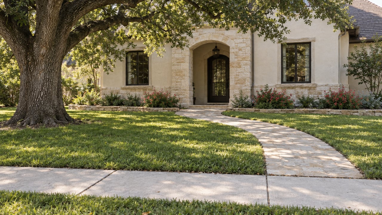 Set-back stucco house with a stone-arched entry, curving paver walk, broad lawn, and mature oak.