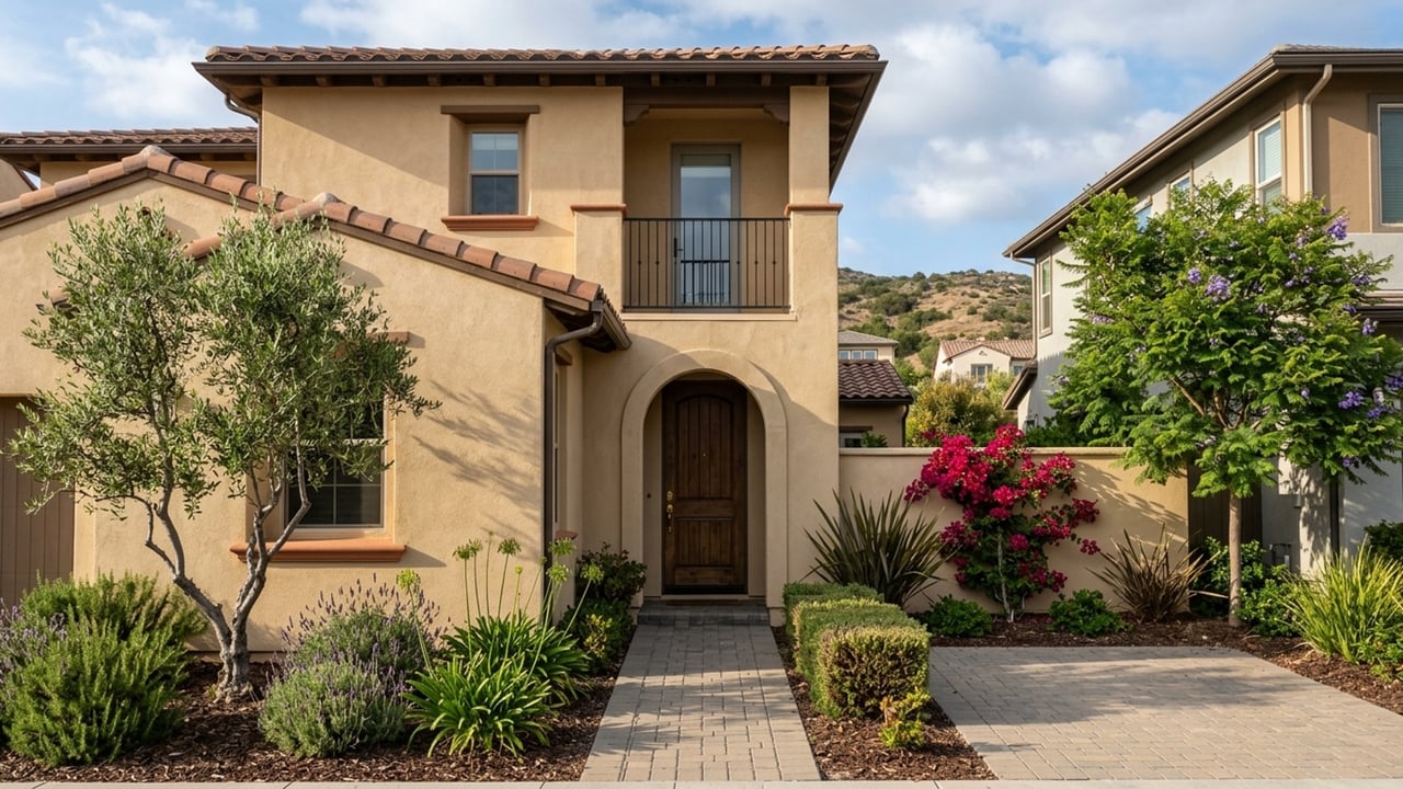 Two-story stucco home with an arched entry, balcony, and landscaped front garden.