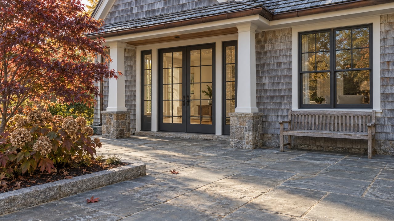 Weathered cedar-shingle home with closed glazed doors, a bluestone terrace, teak bench, and burgundy autumn planting.