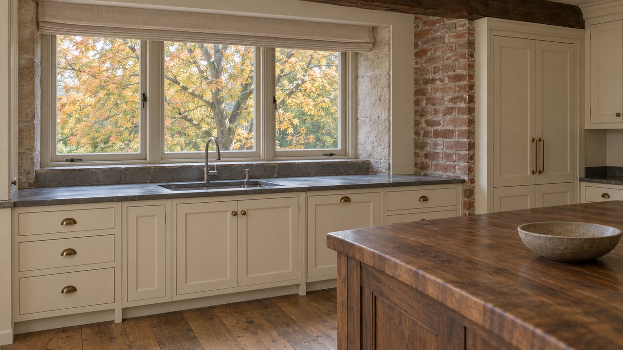 Sunlit kitchen with ivory cabinetry, soapstone counters, a walnut island and a deep window overlooking an amber sugar maple.