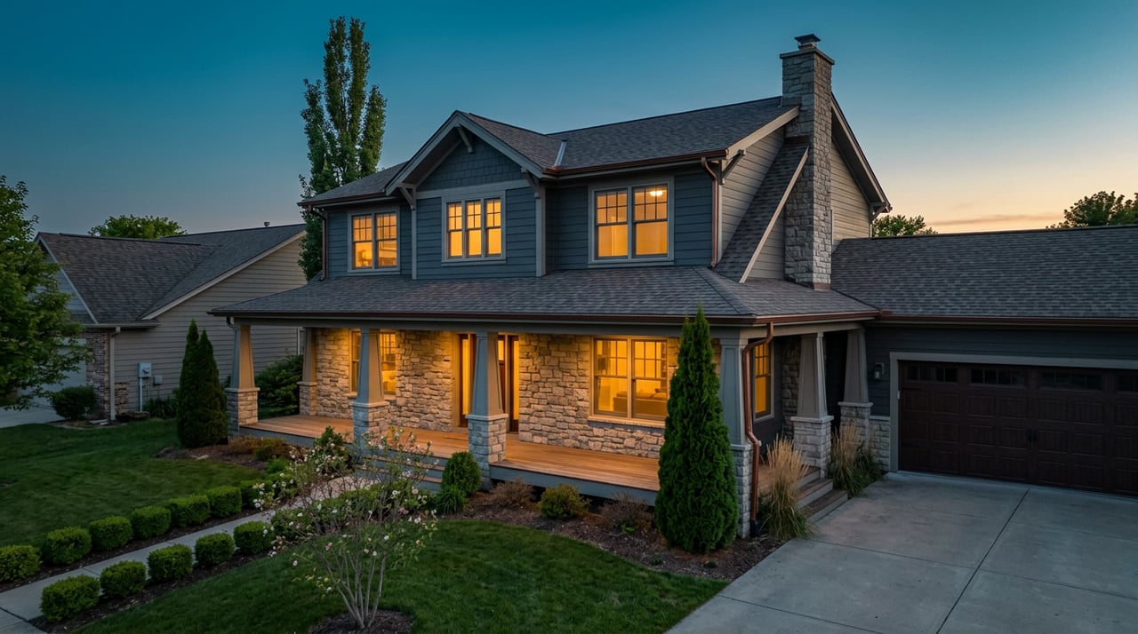 Two-story Craftsman-style home with a stone lower facade, glowing windows, deep lawn, and gabled roof at dusk.