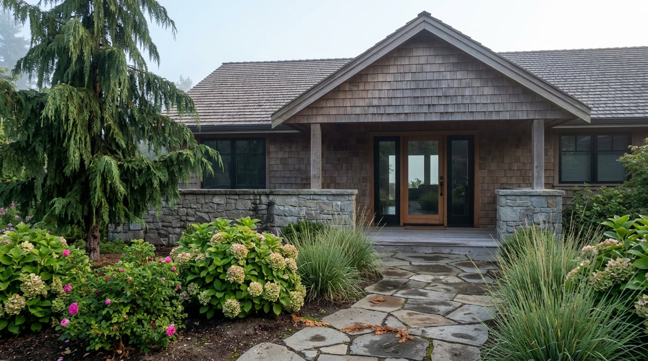 Cedar-shingled home with a stone entry wall, recessed glass door, and misty garden path edged with roses and hydrangeas.