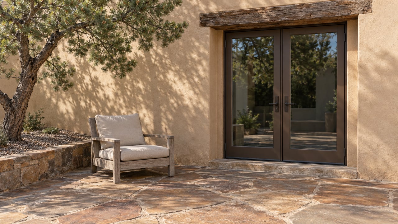 A sand-colored stucco home's enclosed glass doorway opens onto a weathered flagstone patio with one wooden chair and a pinyon pine in a raised stone bed.