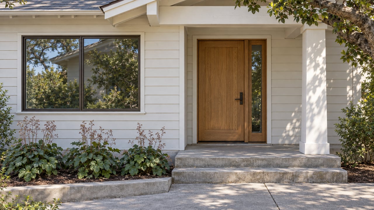 Close exterior view of a white-painted home with an oak entry door, bronze-framed window, concrete porch steps and a planted bed.