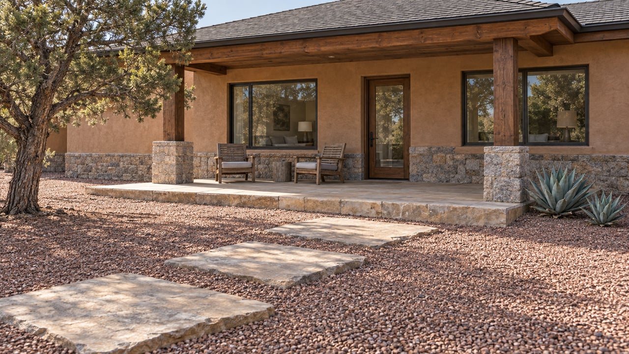 Clay-colored stucco home with a timber-covered sandstone terrace, granite bases, a sculptural pinyon pine and two agaves beside a broad gravel approach.