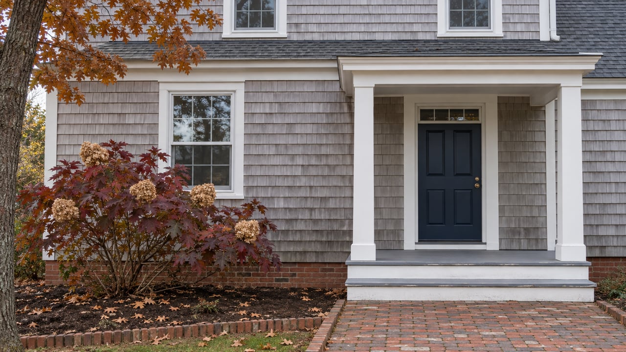Weathered cedar-shingle house with a navy front door, white porch columns, brick walk, and burgundy oakleaf hydrangea in late autumn.