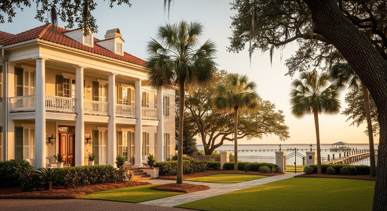 White two-story columned house beside a waterfront lawn, framed by palms and a sprawling oak.