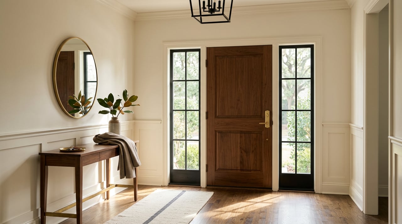 Walnut front door with black-framed sidelights, beside a console with a brass-framed mirror, magnolia stems, and keys.