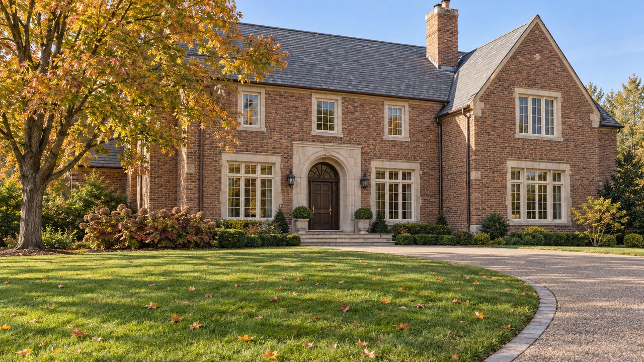 Brick estate with steep slate roof, limestone arched entry, broad lawn and a maple beginning to turn gold.