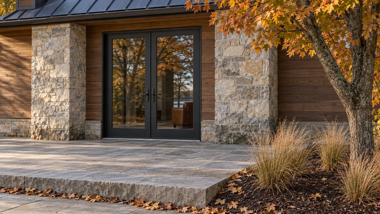 Autumn light across a stone terrace and closed black-framed French doors of a timber-and-limestone home, beside a golden sugar maple.
