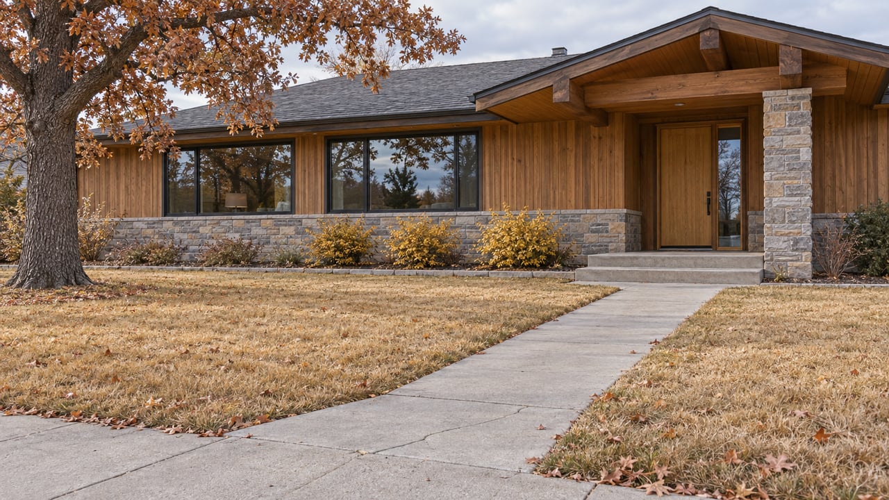 A single-story cedar-and-stone home with broad timber eaves, black-framed windows and a deep autumn lawn beside a mature oak.