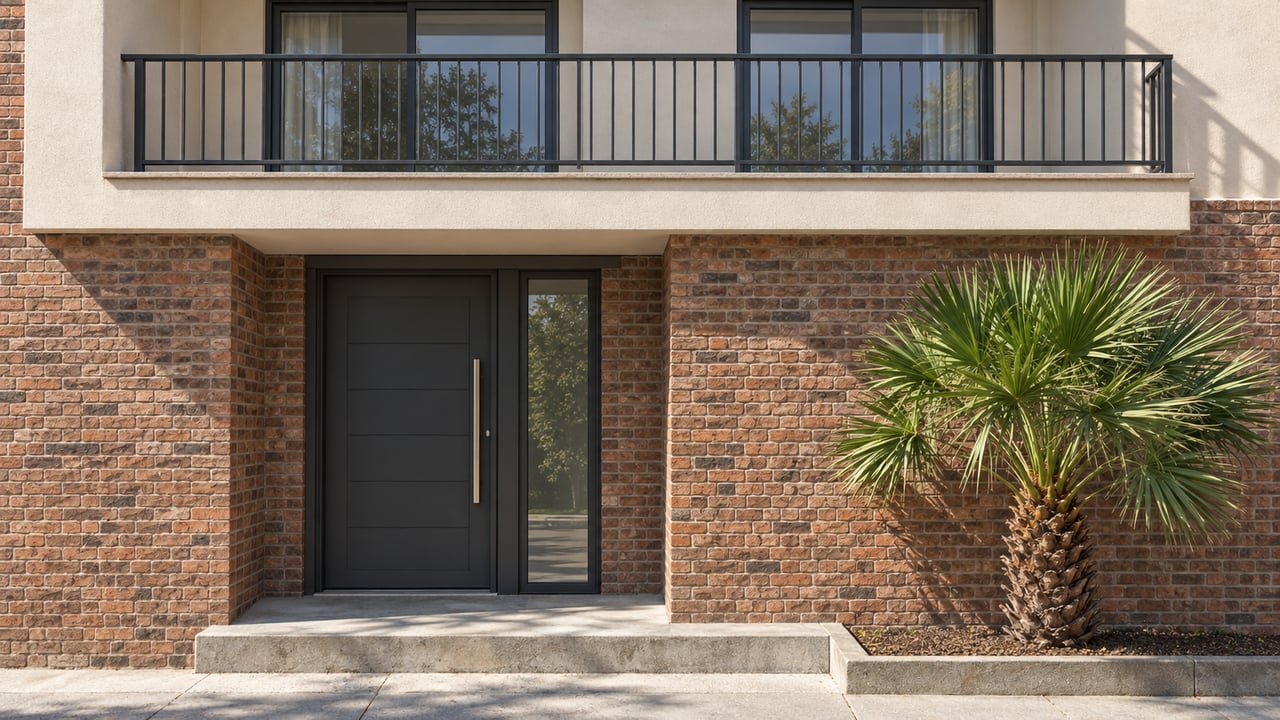 Attached brick home with a recessed entry, narrow sidelight, and balcony above a small palm-lined stoop.