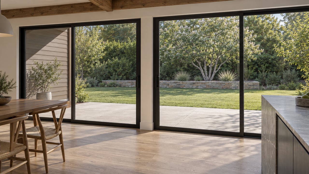 Dining room with oak floors and timber chairs opens through glass doors onto a terrace and deep lawn.