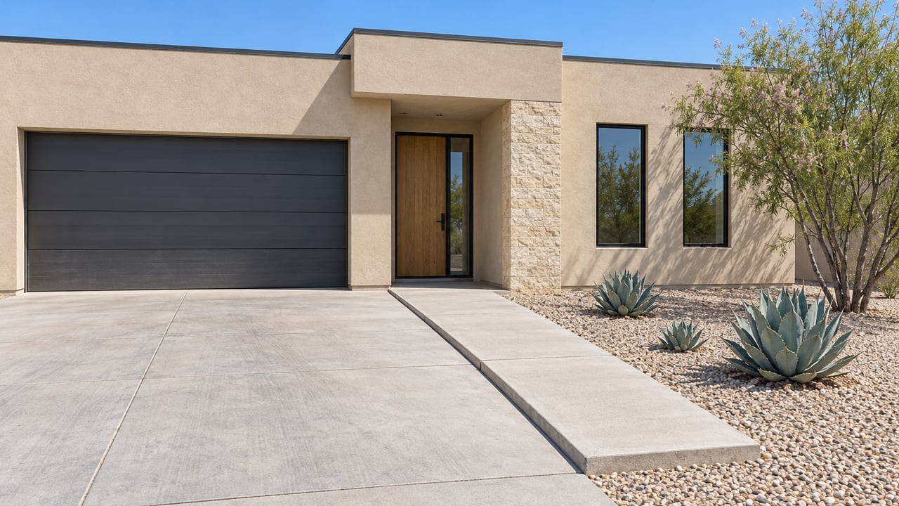 Single-story pale stucco home with charcoal garage door, recessed oak entry, concrete driveway and gravel landscaping with a desert willow and three agaves.