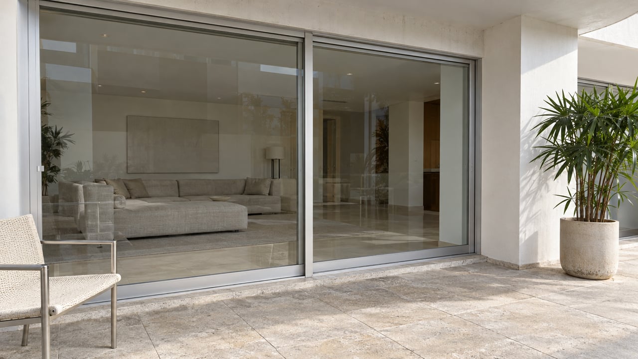 Covered curved white-concrete terrace with closed sliding glass doors, pale limestone paving, a woven outdoor chair, and one potted lady palm.