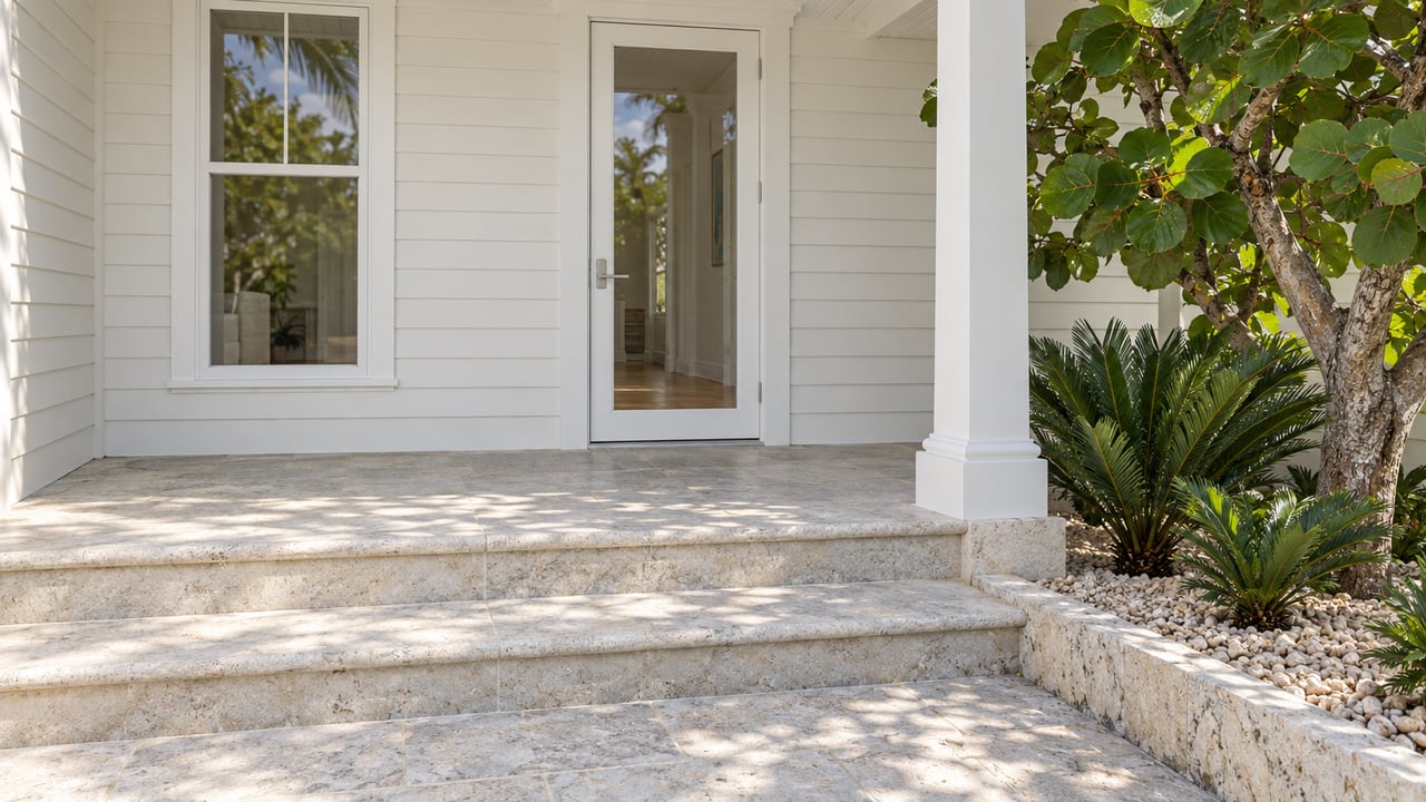 Sunlit white clapboard home entrance with glazed door, pale limestone steps, and sculptural sea grape planting.