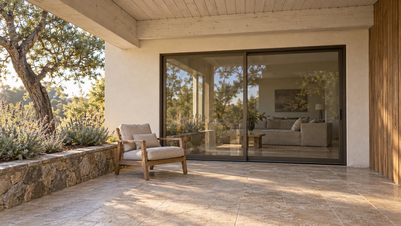 Morning light across a limestone terrace beside a cream stucco home, closed bronze-framed glass doors, and an oak in a raised stone bed.