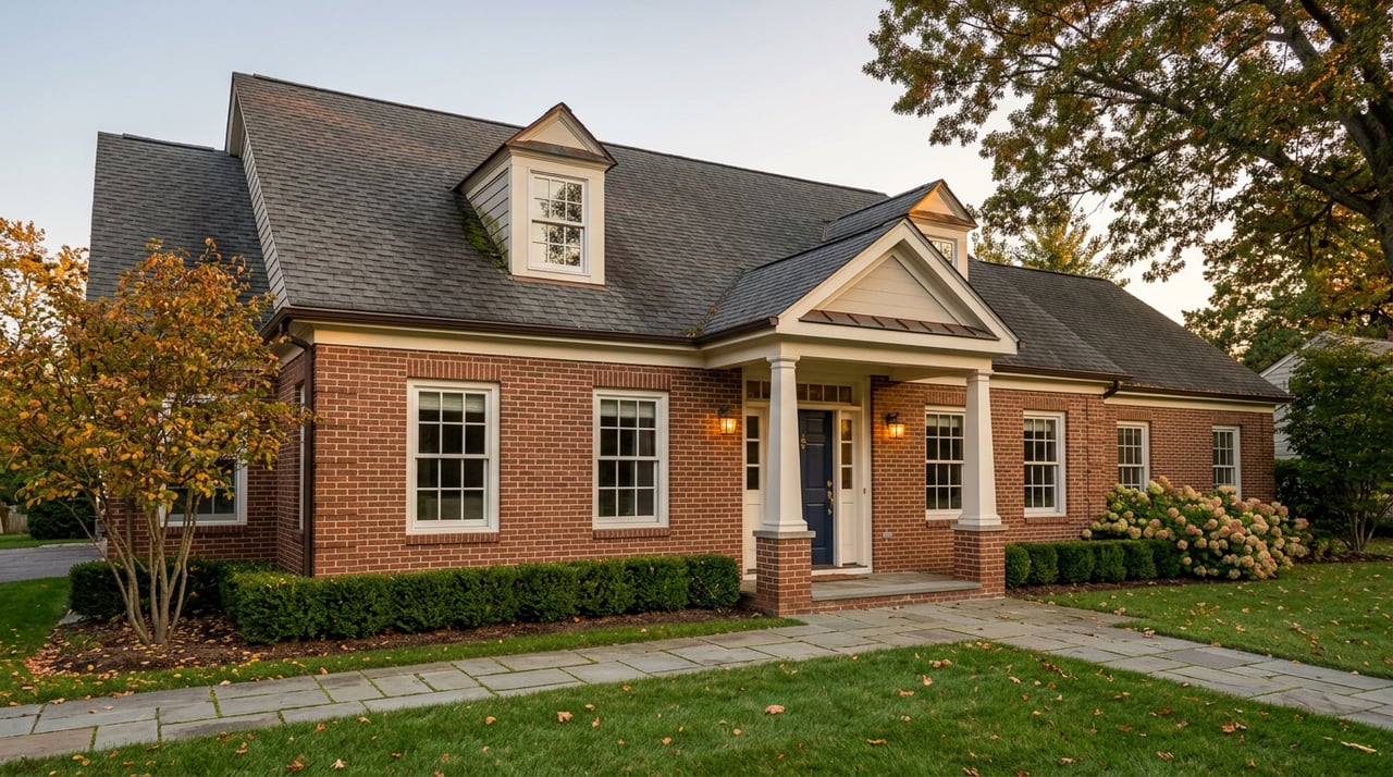 Brick colonial-craftsman home with a navy door, white portico columns, oak canopy, and bluestone walkway across the lawn.