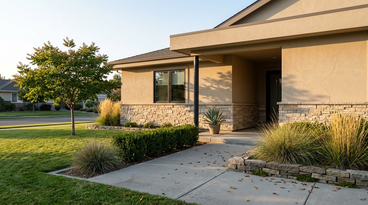 Suburban home with a covered entry, stone facade, potted agave, and a tree with early autumn color.