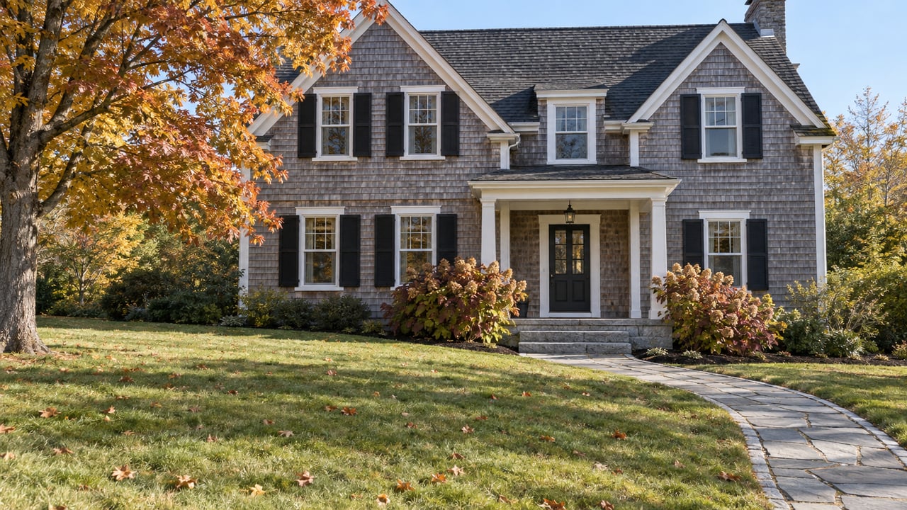 Shingle-style home with black shutters, a stone walkway, and autumn foliage.