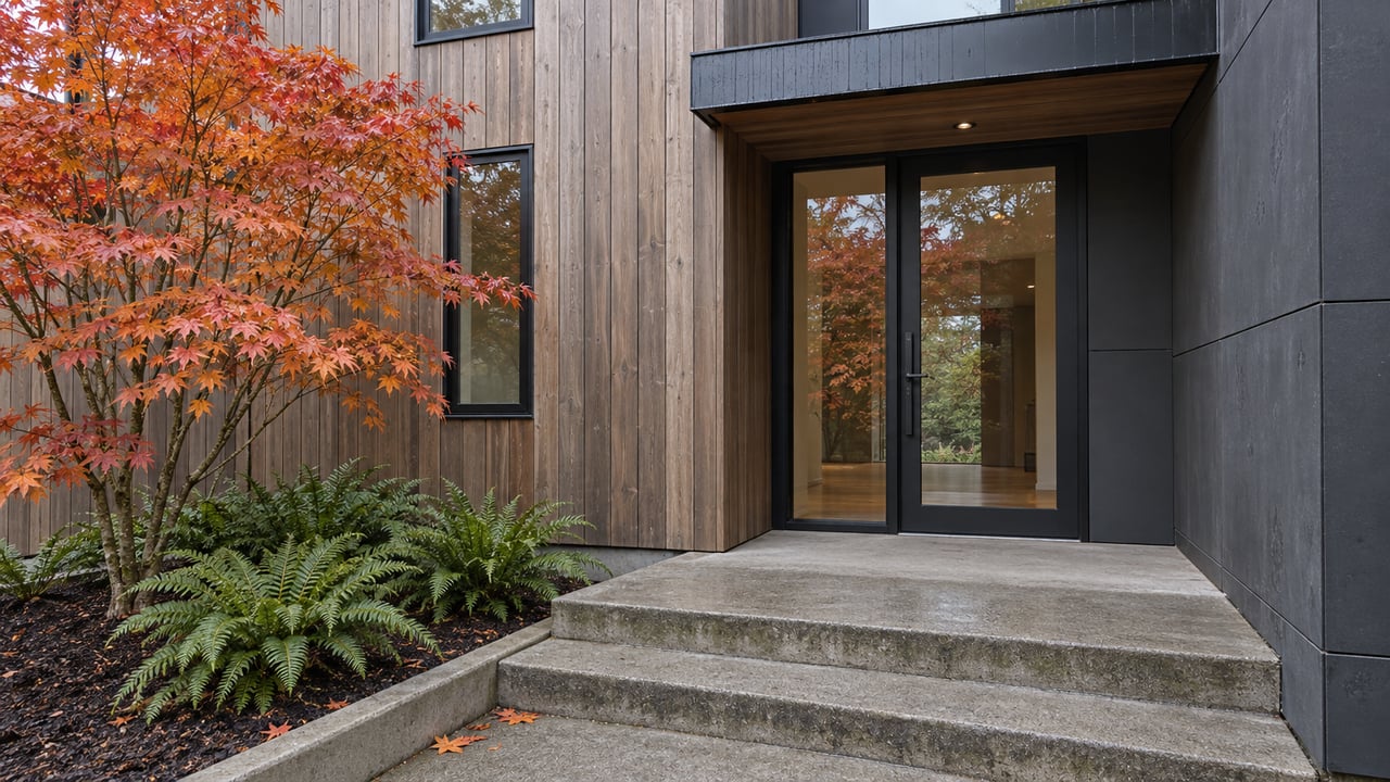 Contemporary cedar-clad home entrance with concrete steps, black-framed glazing and an orange-red vine maple above sword ferns.