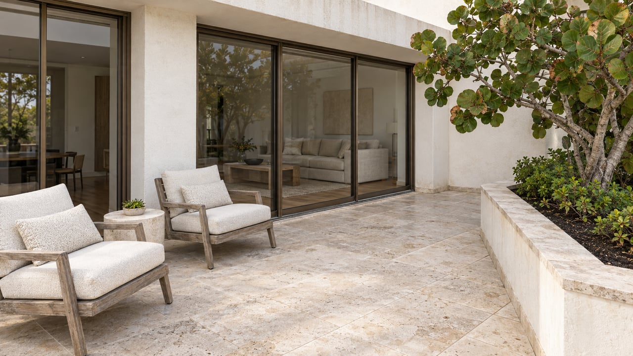 Pale limestone condominium terrace with teak lounge chairs, a sculptural sea grape tree and bronze-framed glass doors.