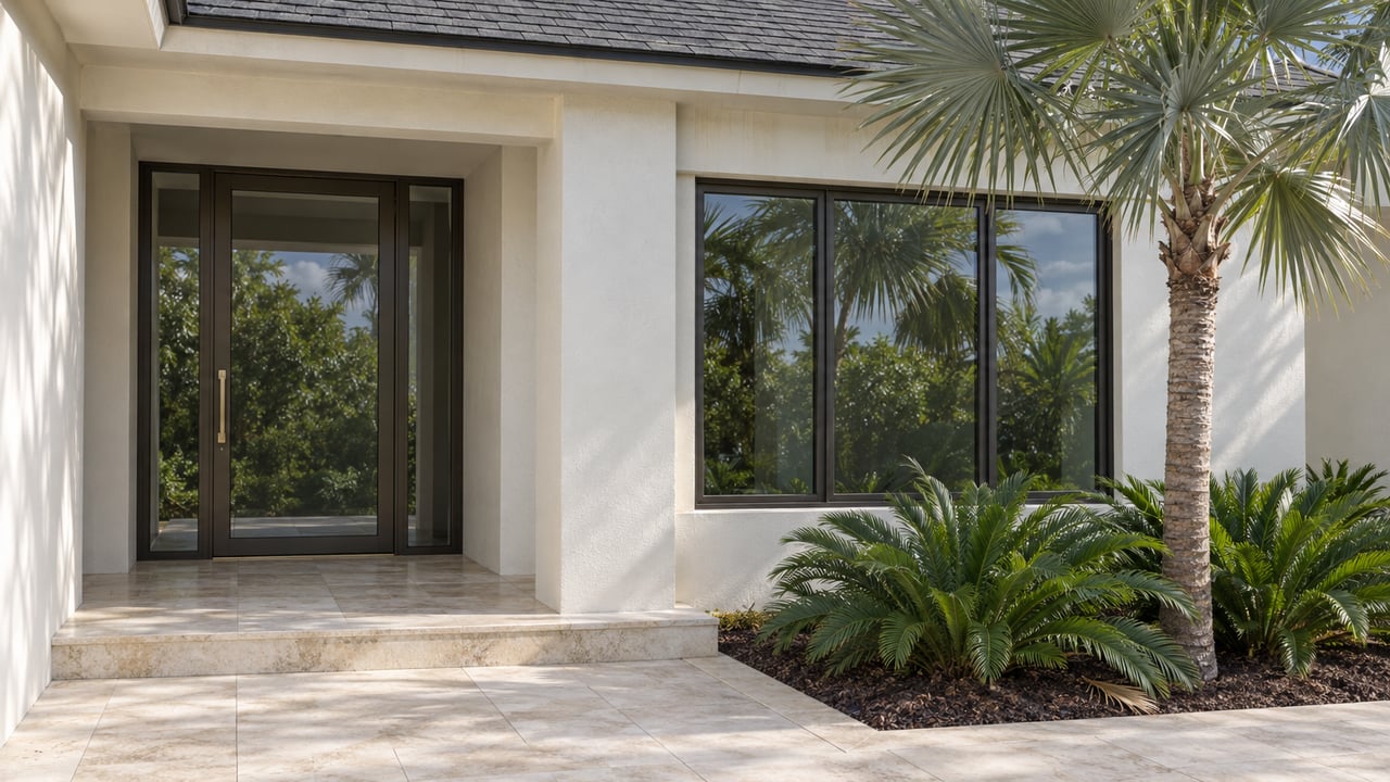 White stucco home entrance beneath a charcoal hip roof, with bronze-framed glass, pale limestone paving, and a silver thatch palm.