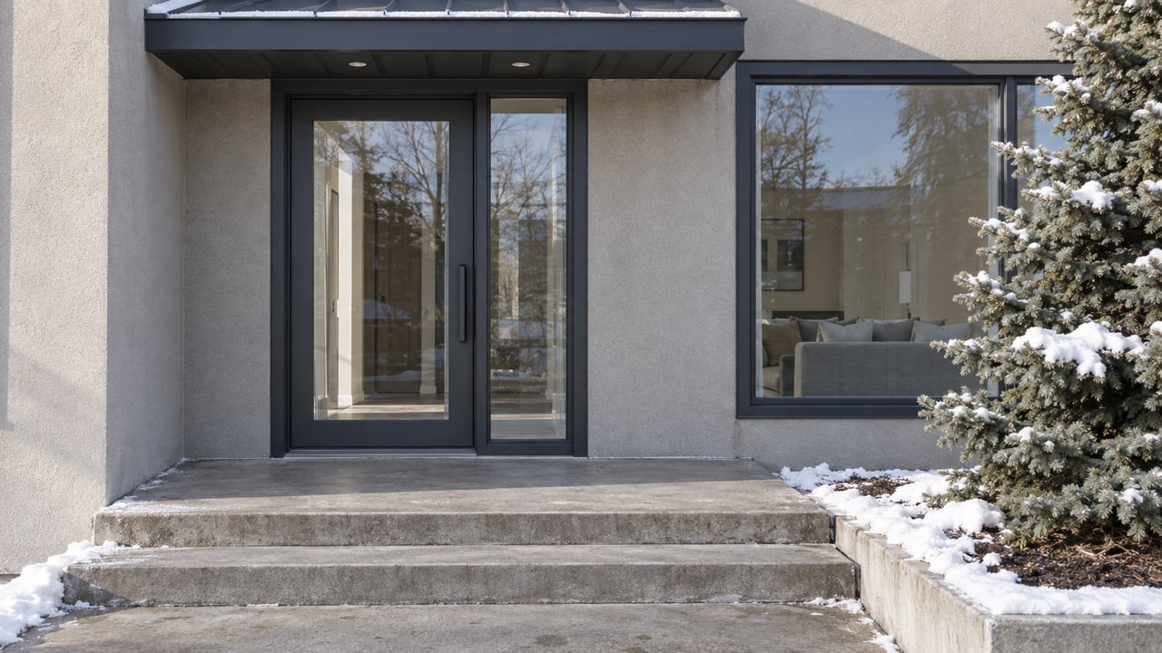 Contemporary residential entrance with charcoal-framed glazing, cleared concrete steps, a snow-edged canopy and a blue spruce.