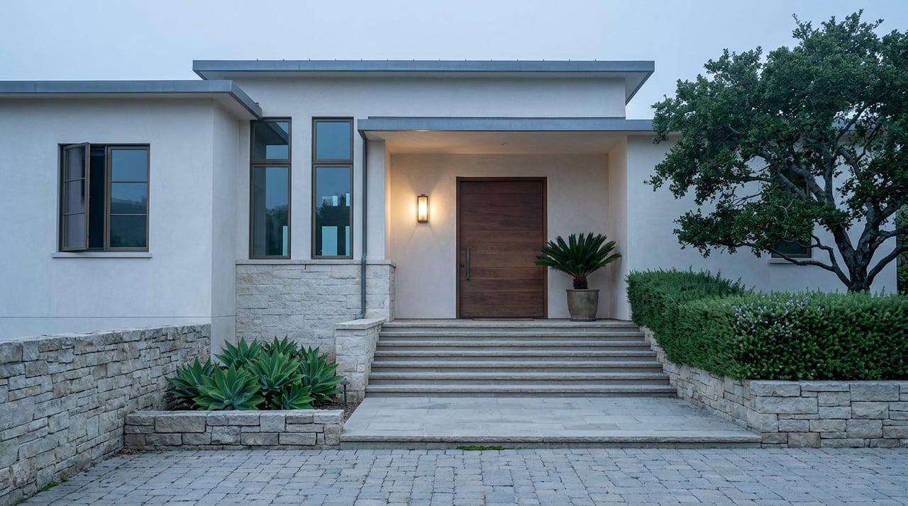 Hillside estate entrance with stone steps, a limestone garden wall, clipped hedges, and a glowing sconce beside the door.