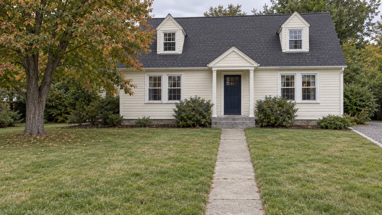 Ivory Cape with navy door, two dormers, and a straight walk across a broad lawn.