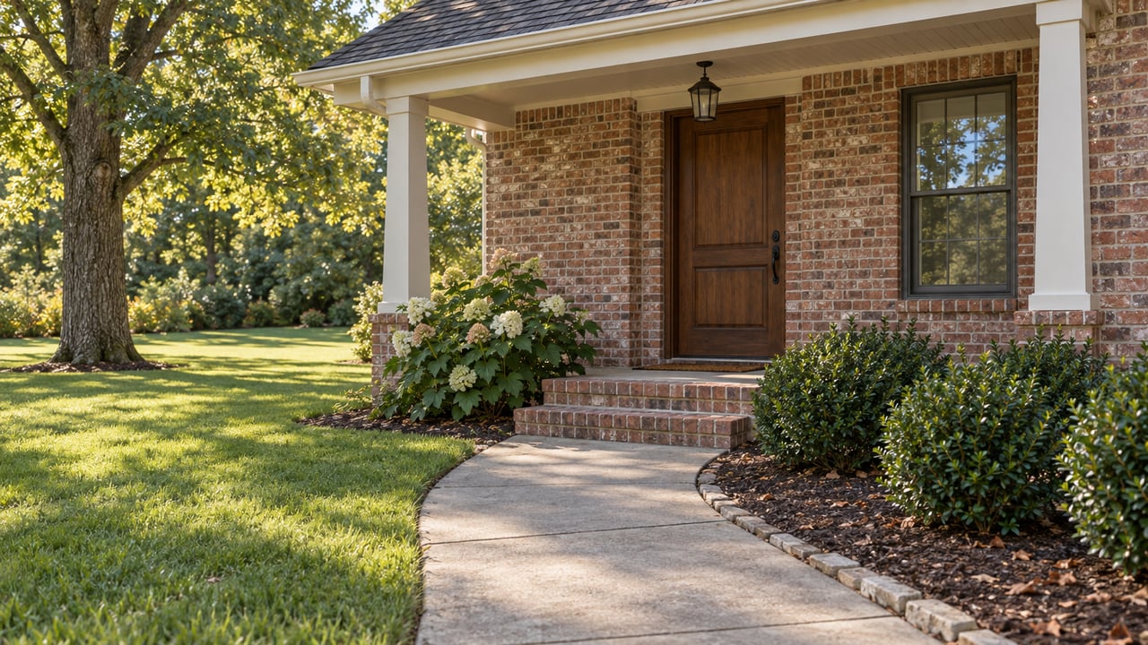 Brick home entry with a stained-wood door, curved concrete walk, porch steps, and mature tree beside the lawn.