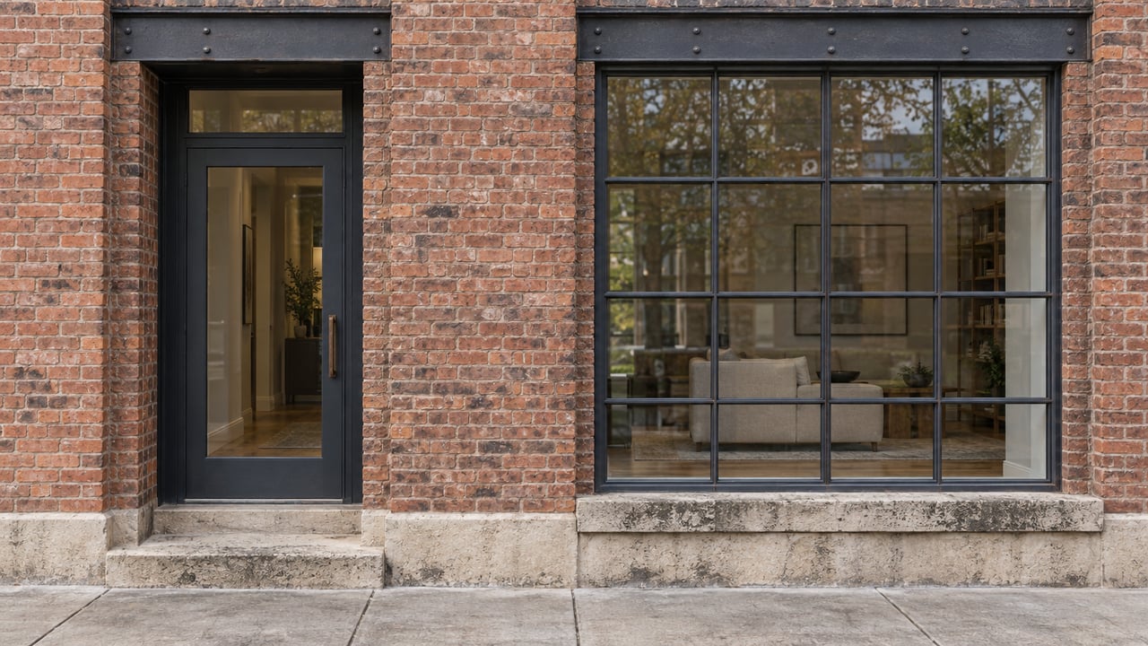 Weathered brick loft residence with a recessed steel-and-glass entry, limestone step and tall industrial living-room window.