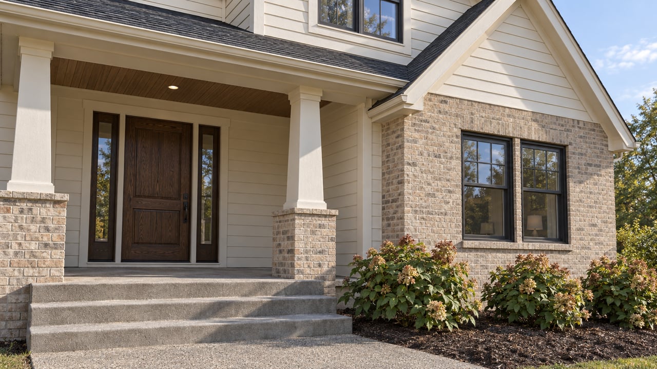 Ivory-sided home with a charcoal gable roof, buff brick, black-framed windows, and a sheltered oak entry above broad concrete steps.