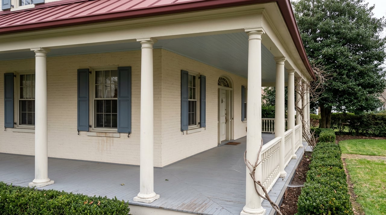 Wraparound porch on a cream-brick house, with painted columns, blue shutters, and a holly hedge.