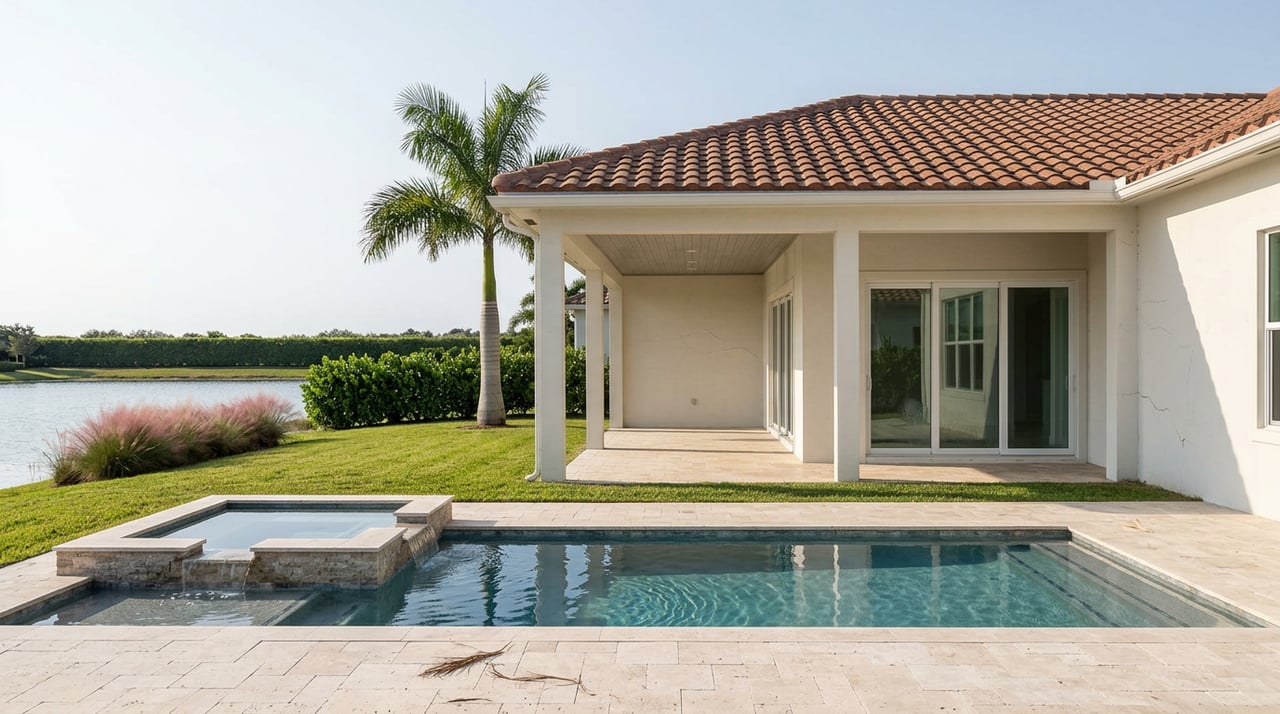 Coastal home's lanai and sliding glass doors overlook a pool, lawn, royal palm, and lakeside hedge.