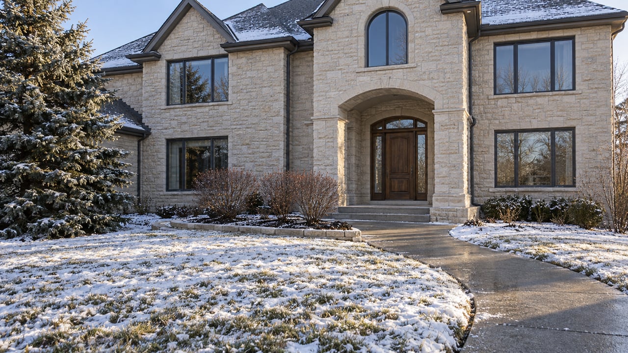 A pale stone two-storey home with an arched entry, grey gabled roofs and a broad front lawn lightly covered in snow.