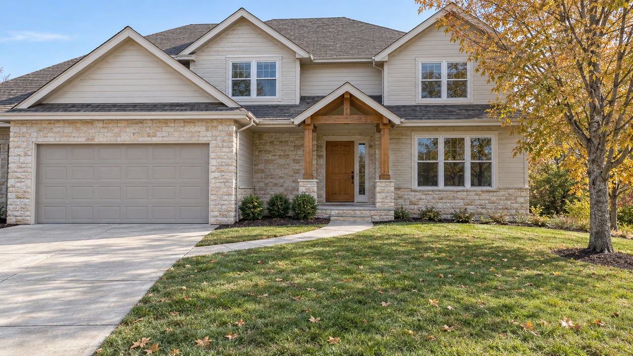Two-story ivory-sided home with limestone accents, a covered wood entrance, and a deep autumn lawn.