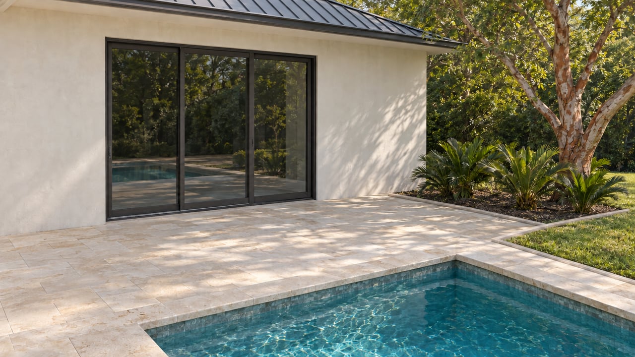 Limestone pool terrace bordered by narrow concrete edging beside a dark soil bed and lawn.