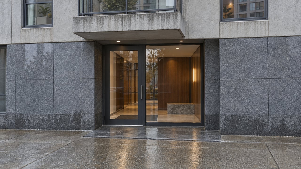 Recessed glass lobby entrance in a blue-gray stone residential tower, with walnut panels visible inside.