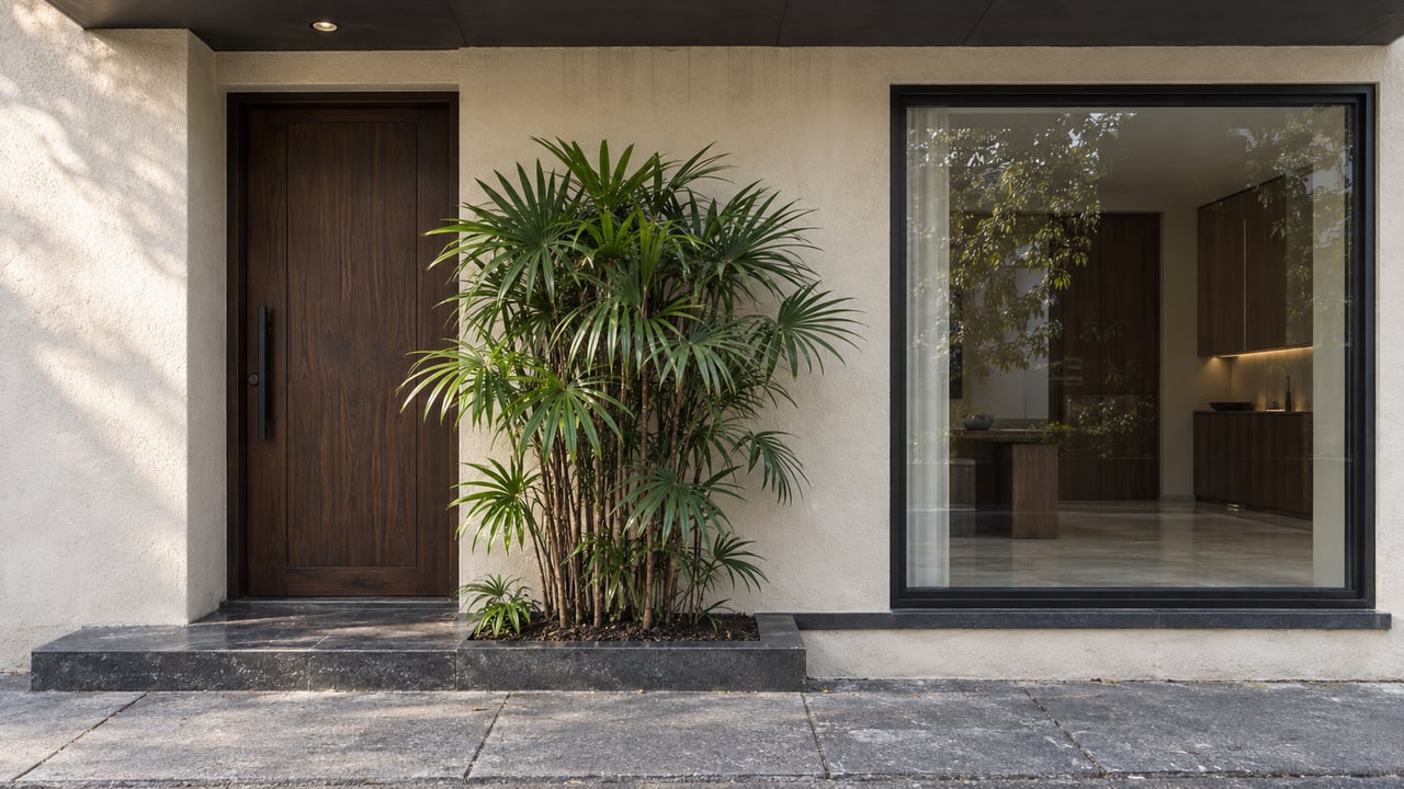 Off-white residential facade with a recessed dark-wood door, glazed window, and a fan-leaf palm beside the entry.