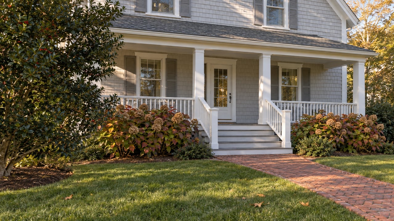 Autumn sunlight on a pale shingle-sided home with a broad white porch, brick approach, holly tree, and bronze-leaved oakleaf hydrangeas.